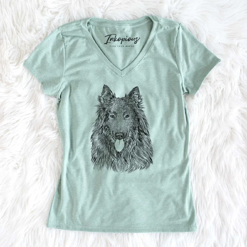 Bare Daan the Belgian Shepherd - Women's V-neck Shirt-- Spandex Blend Rayon Blend Denim Blend