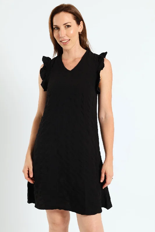 Frill Sleeve V-Neck Textured Shift Mini Dress - Black Stylish Sweetheart Mini Dress