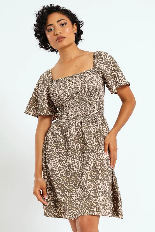 Animal Print Smock Mini Dress - Beige Stylish Short Sleeve Mini Dress