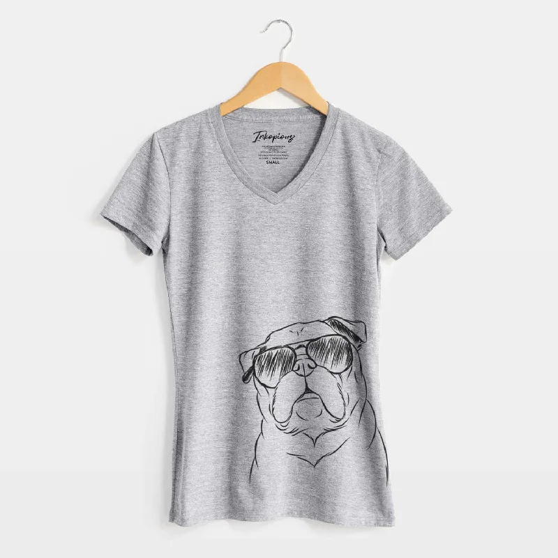 Aviator Darling Chloe the Pug - Women's V-neck Shirt-- Notch Collar Peter Pan Collar Cowl Neck