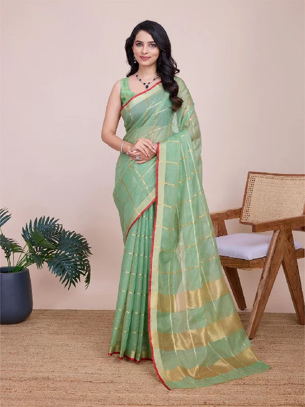 Mitera Women Checked Zari Saree With Blouse Piece Feminine Satin Blouse