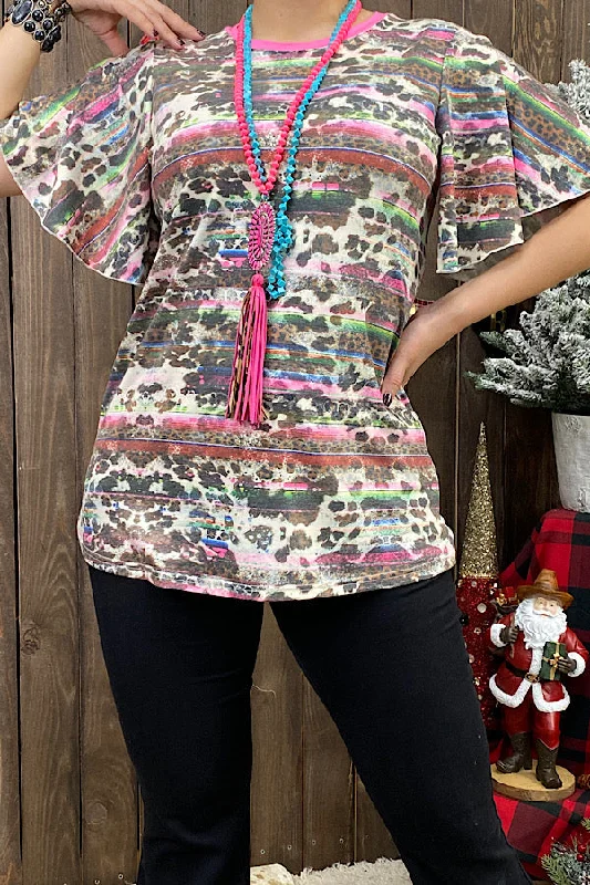 GJQ12237 Cow & serape printed blouse w/bell sleeves Satin Bow Blouse