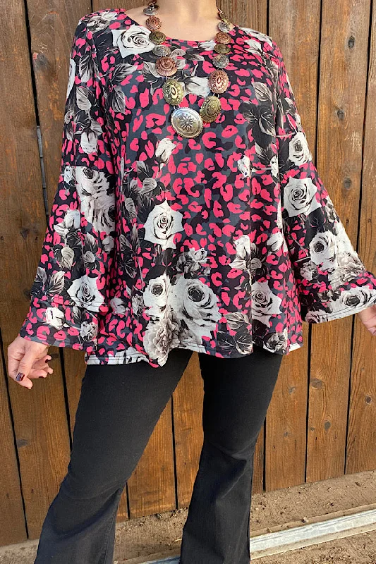 BQ10300 Pink/Floral leopard printed bell sleeve blouse Off-Shoulder Wrap Blouse