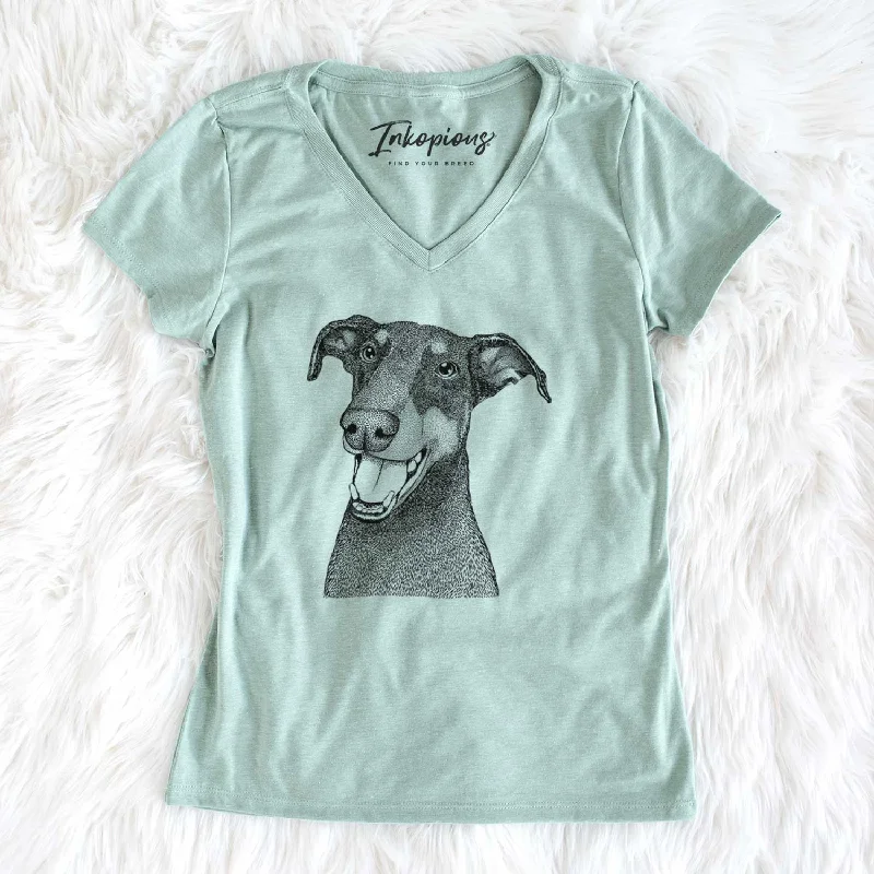 Bare Bunnie the Doberman Pinscher - Women's V-neck Shirt-- Front Pockets Side Pockets Patch Pockets