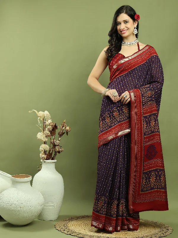 Jyoti Fashion Women's Violet Silk Blend Ikat Floral Print with Jari Border Saree with Blouse Airy Cotton Blouse Jyoti Fashion Women's Violet Silk Blend Ikat Floral Print with Jari Border Saree with Blouse Airy Cotton Blouse