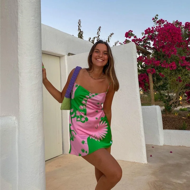 Pink Print Satin Sling Mini Dress Summer Casual Female Casual Mini Dress with Pockets Pink Print Satin Sling Mini Dress Summer Casual Female Casual Mini Dress with Pockets