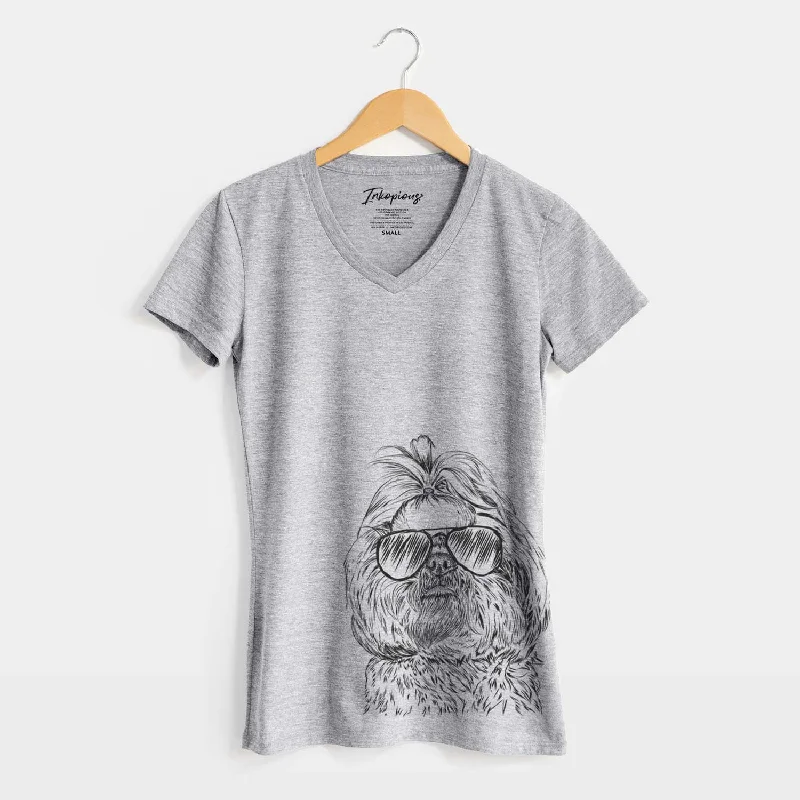 Aviator Chewie the Shih Tzu - Women's V-neck Shirt-- Mesh Blend Leather Blend Suede Blend