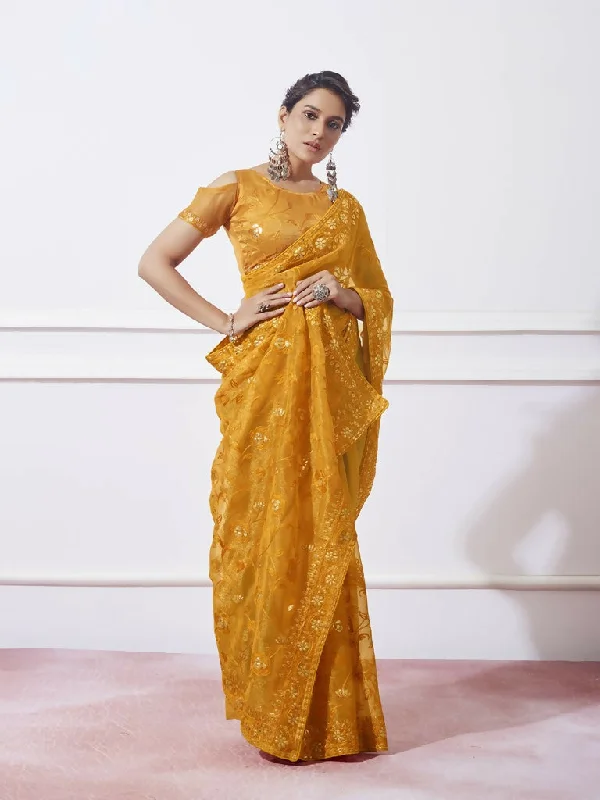 Mustard Simmar Designer Thread Embroidery Work Saree with Unstitched Blouse - Vandini Lightweight Tunic Blouse Mustard Simmar Designer Thread Embroidery Work Saree with Unstitched Blouse - Vandini Lightweight Tunic Blouse
