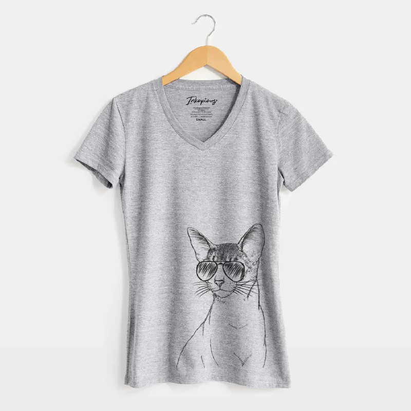 Aviator Cedric the Abyssinian Cat - Women's V-neck Shirt-- Machine Wash Dry Clean Hand Wash