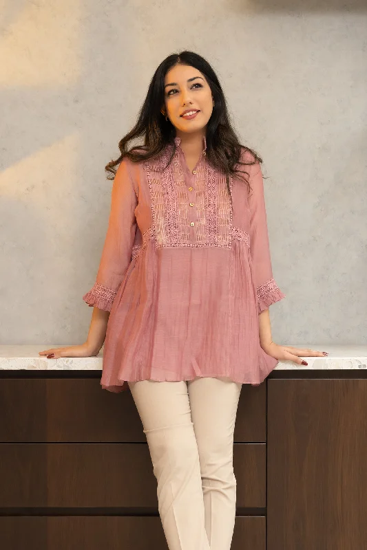 Dusky Pink Chanderi Shirt, With Gold Striped Tissue Side Yokes.-- Satin Fabric Silk Fabric Chiffon Fabric Dusky Pink Chanderi Shirt, With Gold Striped Tissue Side Yokes.-- Satin Fabric Silk Fabric Chiffon Fabric
