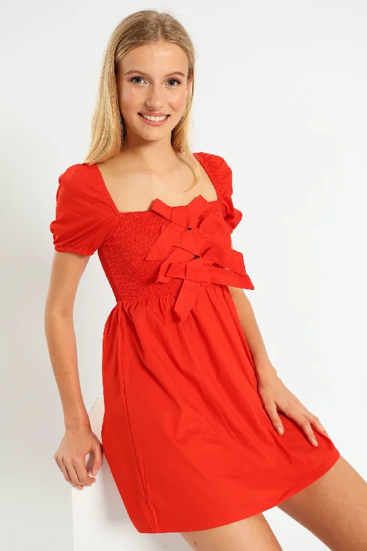 Bow Smock Mini Dress - Tangerine Comfortable Wrap Mini Dress