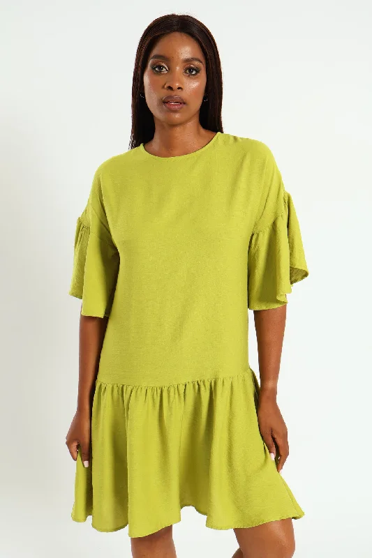 Drop Waist Hammered Mini Dress - Chartreuse Elegant Lace Mini Dress