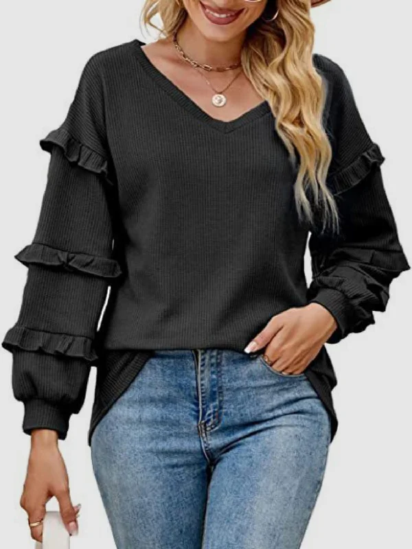 Harlow Ruffled V-Neck Long Sleeve T-Shirt-- Zippered Front Buttoned Front Snap Front Harlow Ruffled V-Neck Long Sleeve T-Shirt-- Zippered Front Buttoned Front Snap Front