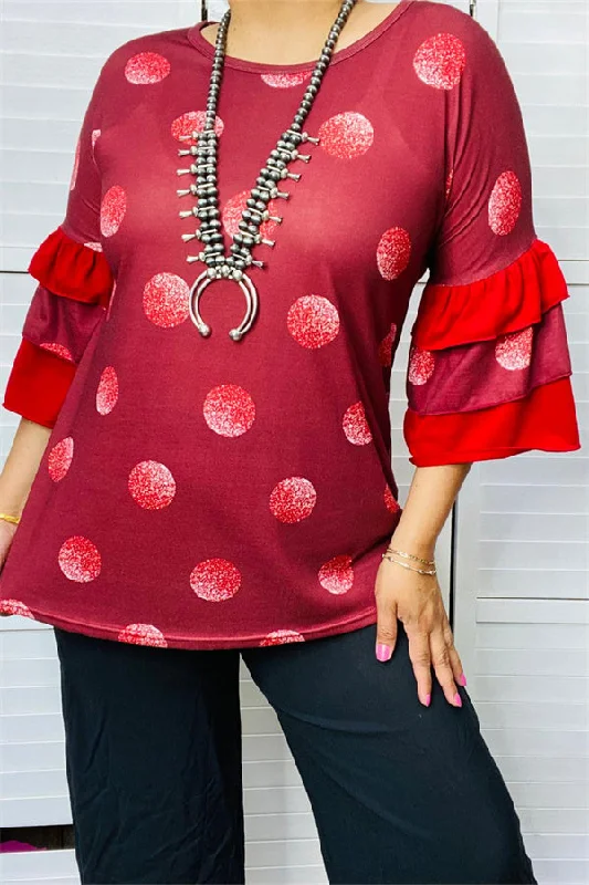 YMY9810-2 Burgundy  polka dot printed blouse with red double ruffle 3/4 sleeve for women Lightweight Linen Blouse