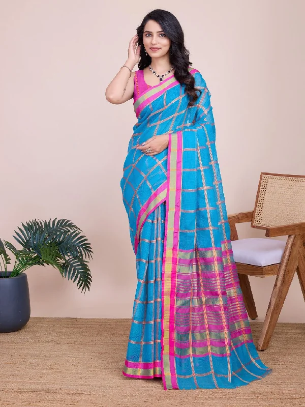 Mitera Checked Saree With Blouse Piece Feminine Ruffle Blouse