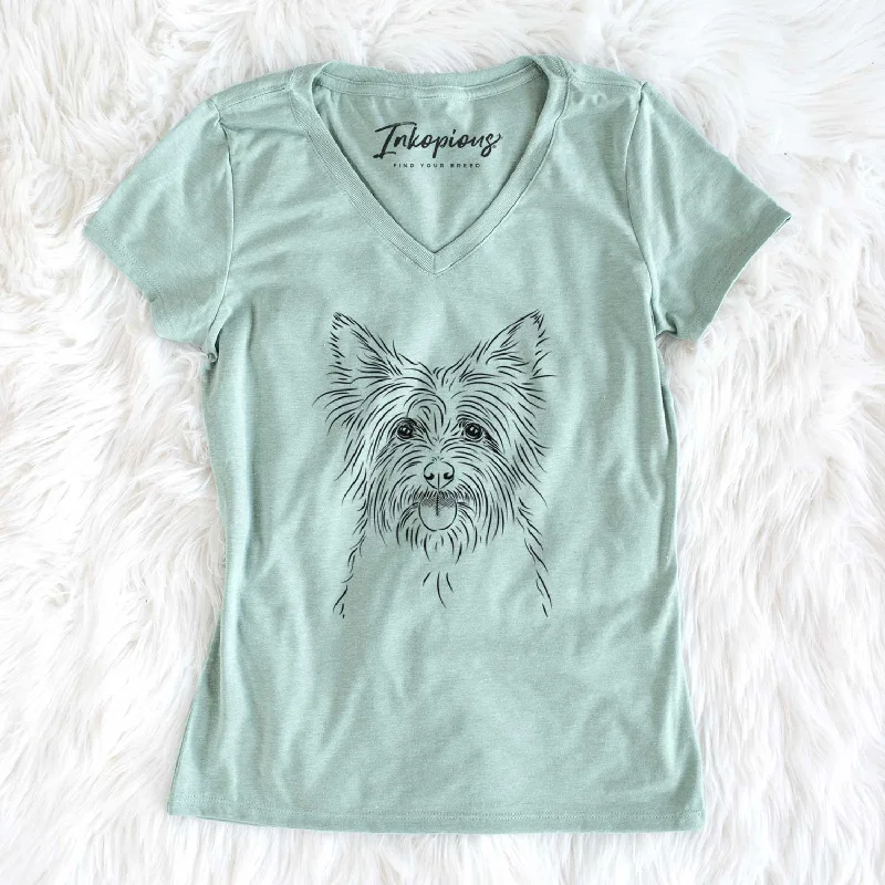 Bare Calum the Cairn Terrier - Women's V-neck Shirt-- Striped Floral Plaid