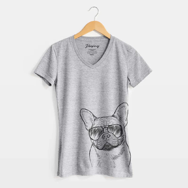 Aviator Chew Chew the French Bulldog - Women's V-neck Shirt-- Polka Dot Checkered Tartan