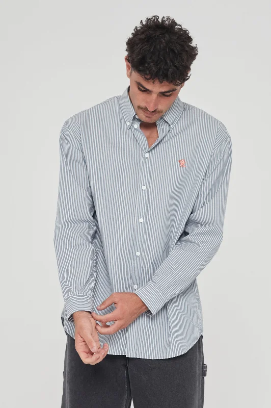 State Poplin Shirt - Slate Blue Stripe - Final Sale-- Denim Fabric Leather Fabric Suede Fabric