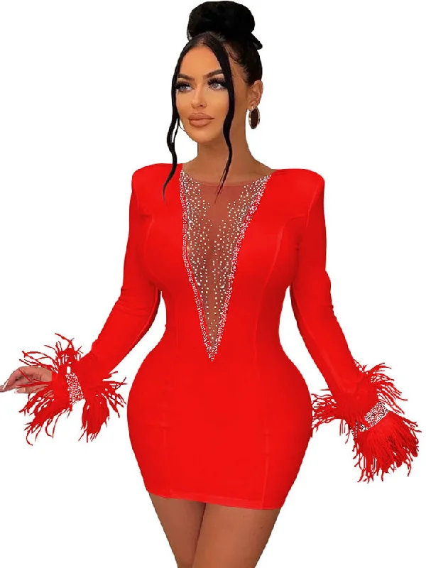 Feather Rhinestone Mesh Bodycon Mini Dress Women Night Club See Through Outfits Party Evening Sexy Diamond Prom Short Dresses Classic White Mini Dress