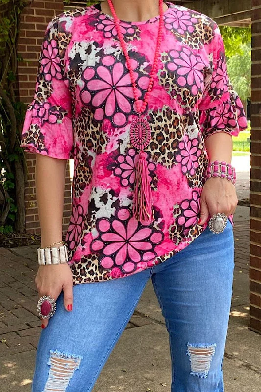 GJQ13292 Leopard pink concho printed blouse w/ruffle sleeves Polished Work Blouse