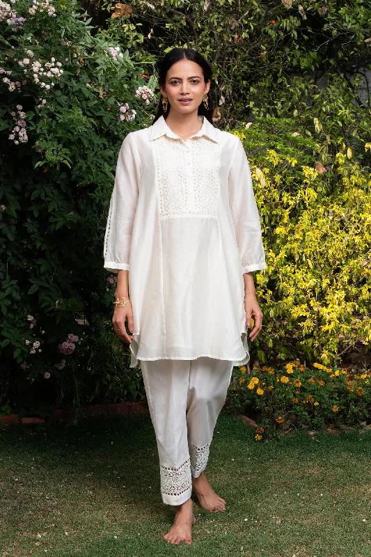 Off-white Collared Shirt Co-Ord Set-- Cashmere Blend Cotton Blend Poly Blend