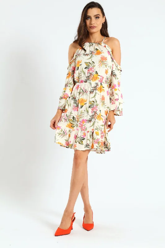 3/4 Sleeve Cold-Shoulder Frilly Hem Mini Dress Comfortable Off-Shoulder Mini Dress
