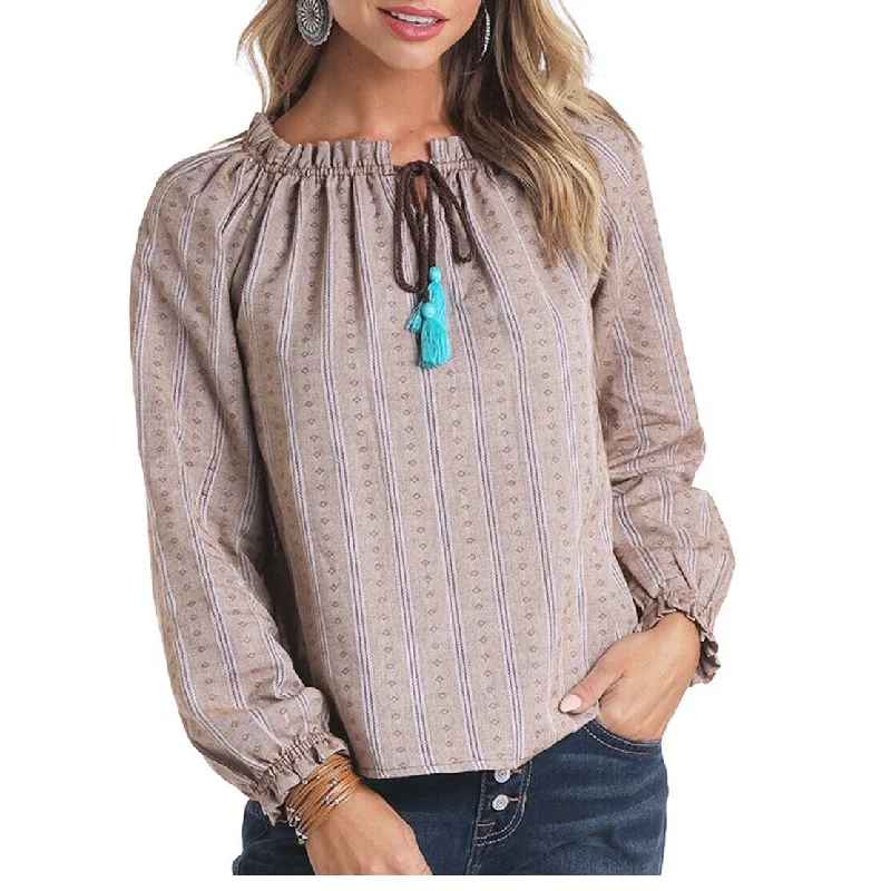 Panhandle Ladies Brown Dobby Peasant Blouse 22-5422 Modern Oversized Blouse