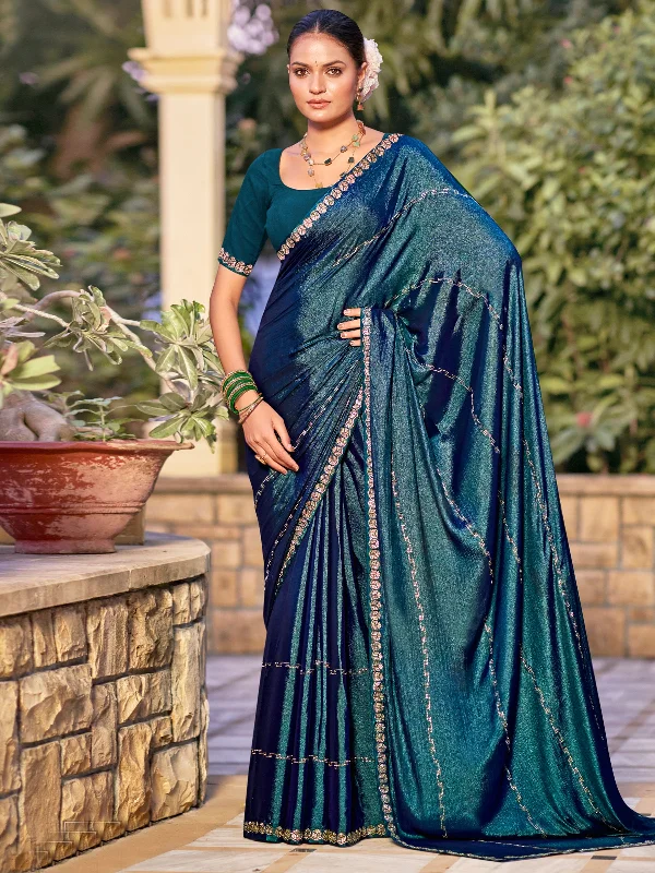 Jyoti Fashion Women's Teal Shimmer Chiffon Embellished Border with Crystal Lines Saree with Blouse Casual Relaxed Fit Blouse Jyoti Fashion Women's Teal Shimmer Chiffon Embellished Border with Crystal Lines Saree with Blouse Casual Relaxed Fit Blouse
