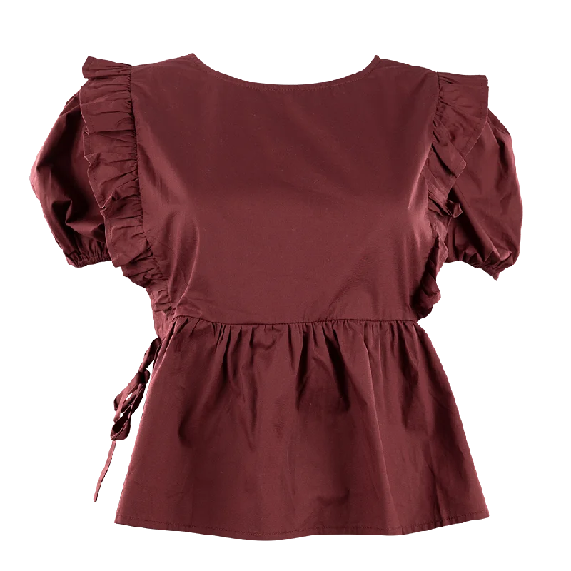 Maroon Puff Sleeve Side Tie Blouse Delicate Bow Blouse