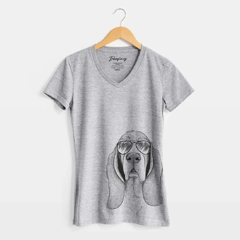 Aviator Buckley the Basset Hound - Women's V-neck Shirt-- Satin Blend Silk Blend Wool Blend