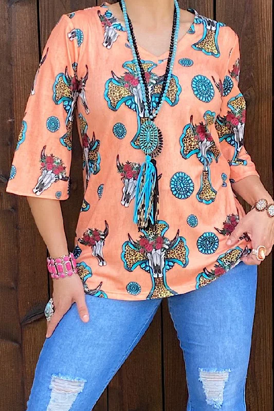GJQ12560 Orange bull skull & cross printed 3/4 sleeve blouse Asymmetric Hem Blouse