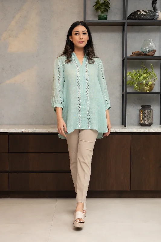 Sea Green Pure Linen Shirt With Lace Detailing-- Chenille Blend Fleece Blend Nylon Blend Sea Green Pure Linen Shirt With Lace Detailing-- Chenille Blend Fleece Blend Nylon Blend