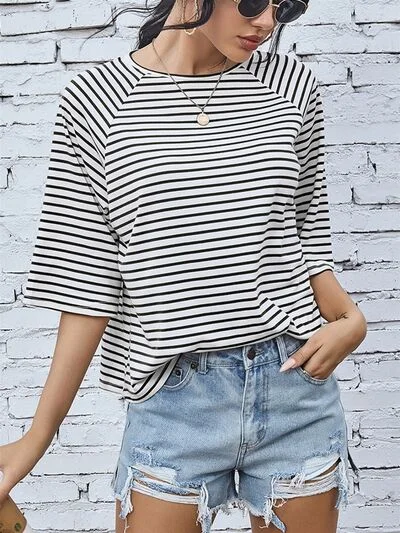 Grant Striped Round Neck Raglan Sleeve T-Shirt-- Terry Blend Velvet Blend Canvas Blend Grant Striped Round Neck Raglan Sleeve T-Shirt-- Terry Blend Velvet Blend Canvas Blend