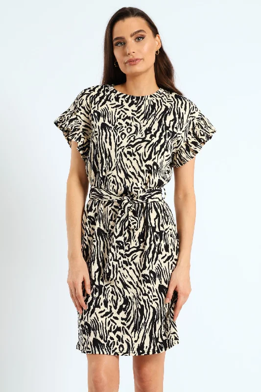 Frill Sleeve Belted Printed Knit Shift Mini Dress - Black/Cream Comfortable Casual Mini Dress Frill Sleeve Belted Printed Knit Shift Mini Dress - Black/Cream Comfortable Casual Mini Dress