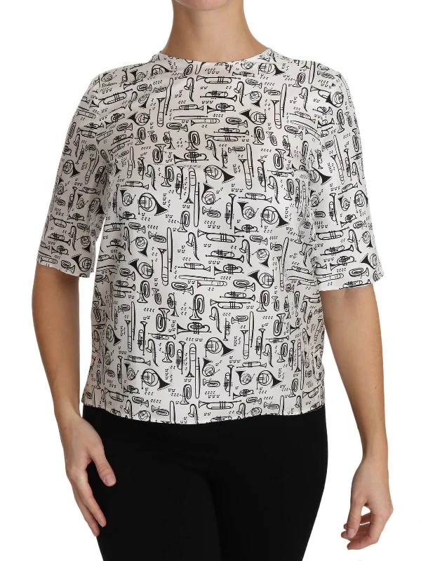 Dolce & Gabbana Elegant Trumpet Print Silk Blouse Women's Top Slim Fit Blouse