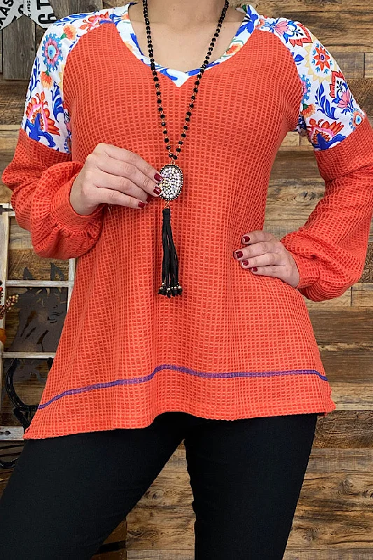 GJQ9440 Coral/Floral printed waffle knit blouse Chic Ruffle Blouse