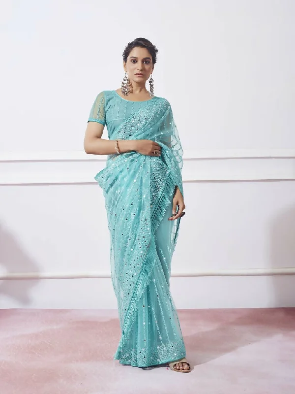 Blue Net Designer Thread Embroidery Work Saree with Unstitched Blouse - Vandini Delicate Pleat Blouse Blue Net Designer Thread Embroidery Work Saree with Unstitched Blouse - Vandini Delicate Pleat Blouse