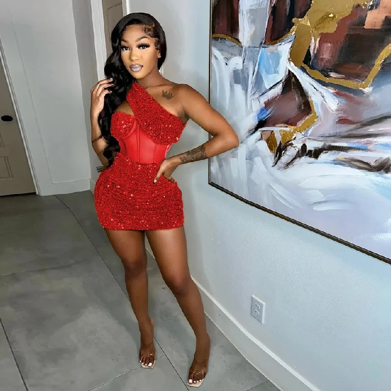 Sleeveless One Shoulder Bodycon Sexy Glitter Sequined Mesh Patchwork Mini Dress For Women Trendy Lace Mini Dress Sleeveless One Shoulder Bodycon Sexy Glitter Sequined Mesh Patchwork Mini Dress For Women Trendy Lace Mini Dress