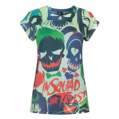 Suicide Squad Womens/Ladies In Squad We Trust Sublimated T-Shirt-- Striped Floral Plaid