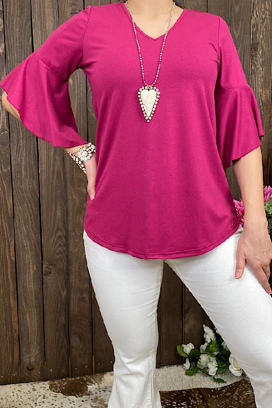 GJQ10294 Solid magenta  v-neck blouse w 1/2 ruffle sleeves Elegant Embroidery Blouse