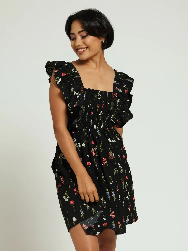 Smock Mini Dress - Black Comfortable Fit-and-Flare Mini Dress