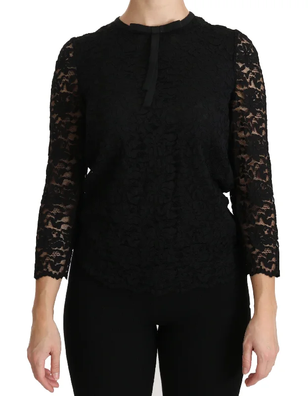 Dolce & Gabbana Elegant Black Lace Crew Neck Women's Blouse Ruched Sleeve Blouse