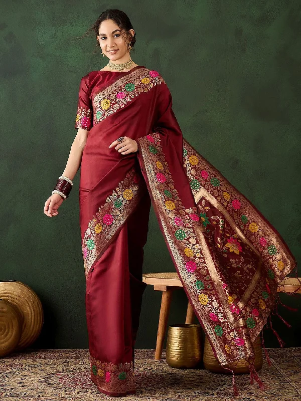Mitera Floral Zari Designer Saree With Blouse Piece Casual Relaxed Fit Blouse