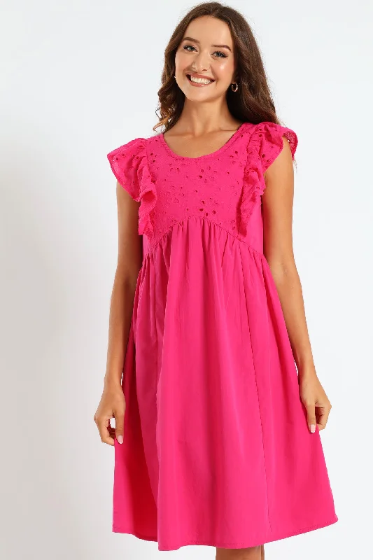 Anglaise Combo Frill Sleeve Mini Dress - Cerise Fashionable Lace Mini Dress