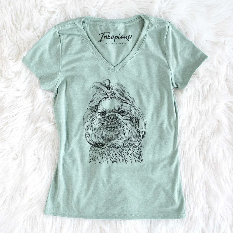 Bare Chewie the Shih Tzu - Women's V-neck Shirt-- Striped Floral Plaid