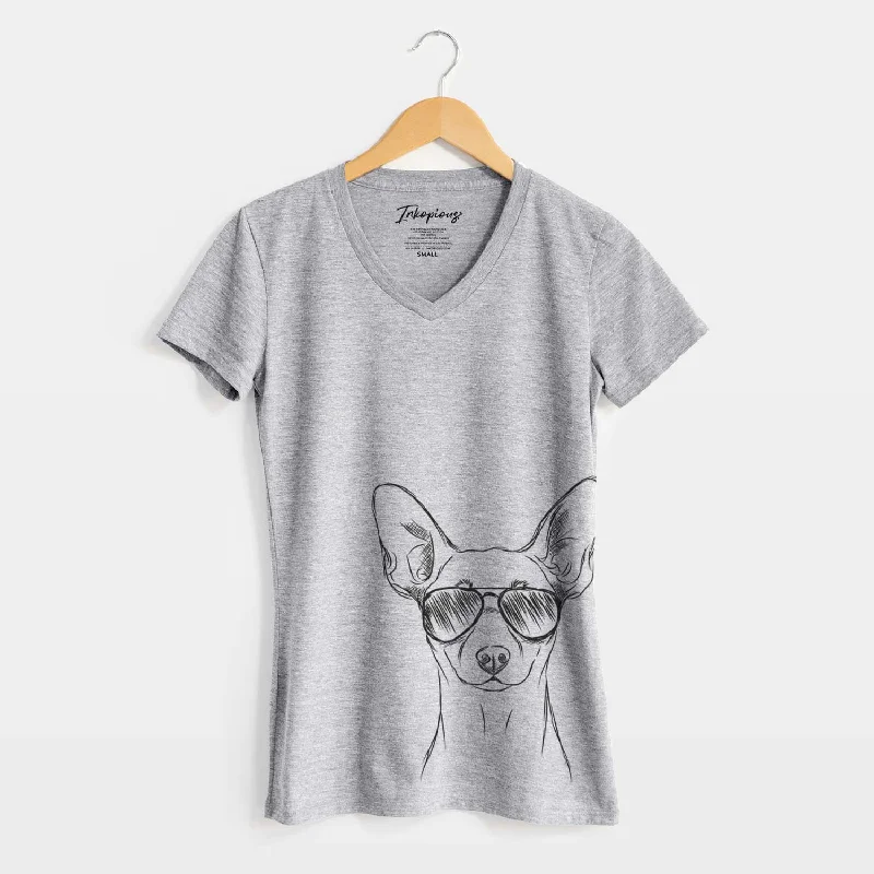 Aviator Chillie the Mini Pinscher - Women's V-neck Shirt-- Nylon Fabric Polyester Fabric Spandex Fabric