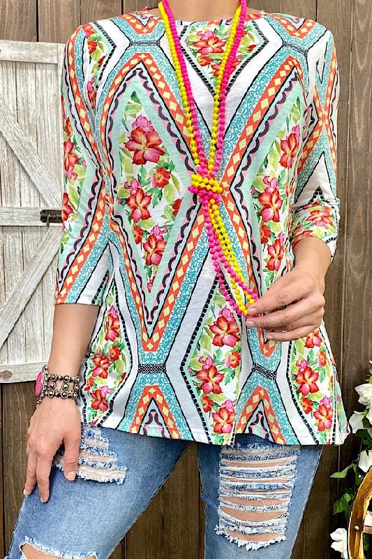GJQ9357 Aztec/floral printed 3/4 sleeve blouse Boho Chic Blouse