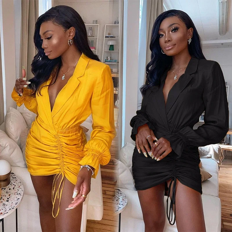 Sexy Hip Pleated Drawstring Bodycon Dress Women Long Sleeve Night Club Party Bandage Mini Dress Yellow Black Clothes Vestido Classic Floral Mini Dress
