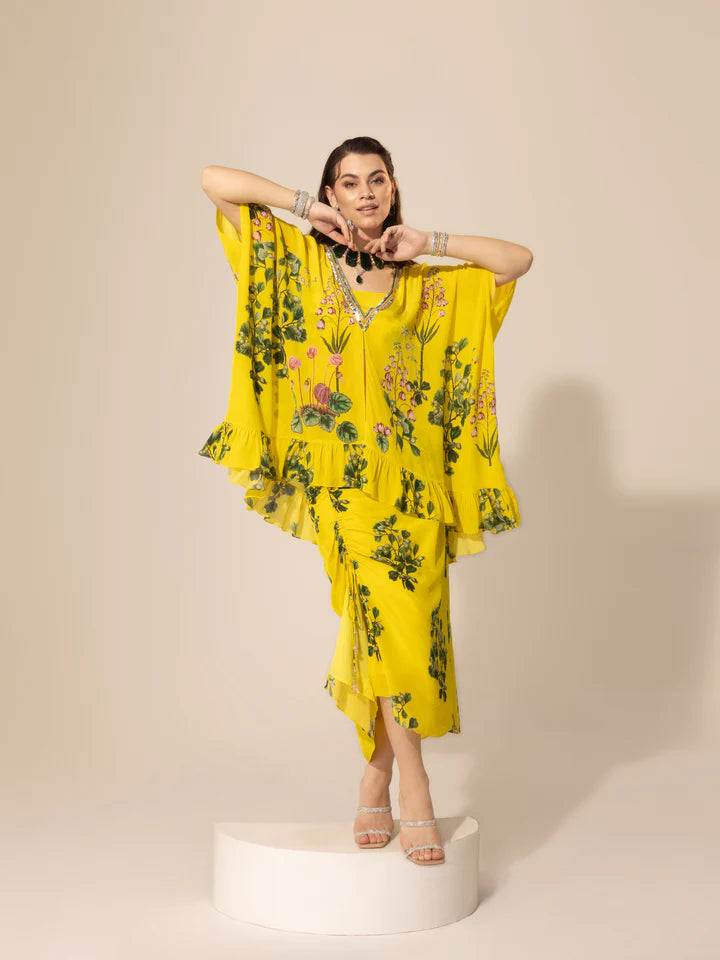 Yellow Botanical Shirt Kaftan Tunic & Drawstring Skirt-- Front Pockets Side Pockets Patch Pockets