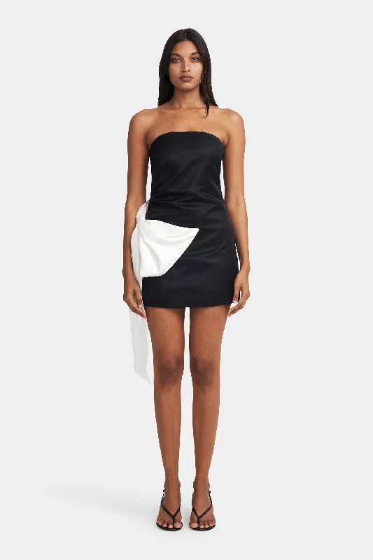 Aspen Mini Dress Black W/ White Bow Comfortable Ruffle Mini Dress